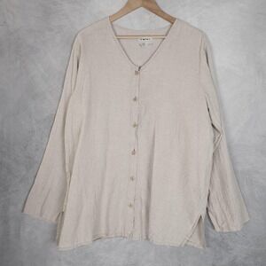 Flax Tunic Shirt Womens Medium Beige Linen Button Front Long Sleeve Relaxed Top